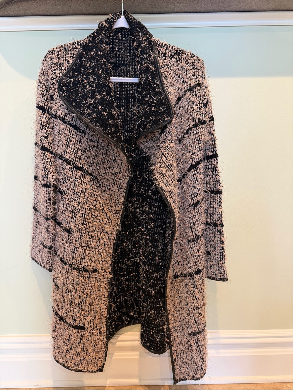 Cozy Open-Front Bouclé Sweater Coat in Tan and Black